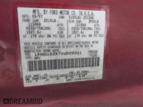 1997 Ford Explorer XL with VIN 1FMDU32X7VUD09221, listed as a IAAI auction lot 42383087 with 193,616 mi miles and . Bid and sale history available at DreamBid. Image 9.