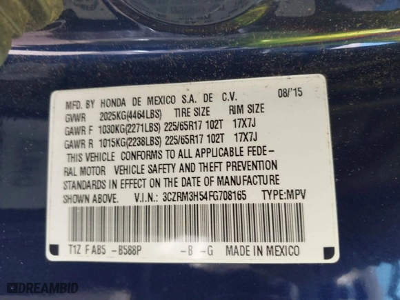 2015 Honda CR-V EX with VIN 3CZRM3H54FG708165, listed as a IAAI auction lot 41780434 with 101,552 mi miles. Bid and sale history available at carsss.com. Image 9.