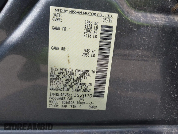 2020 Nissan Altima S z VIN 1N4BL4BV6LC152020, wystawiony jako IAAI lot #42099209 z przebiegiem 128 081 mil mil oraz . Historia ofert i sprzedaży dostępna na DreamBid. Obrazek 9.