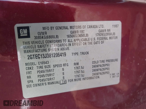 2008 GMC Sierra 1500 SLT z VIN 2GTEC13J381206419, wystawiony jako IAAI lot #42342570 z przebiegiem 145 671 mil mil oraz . Historia ofert i sprzedaży dostępna na DreamBid. Obrazek 9.