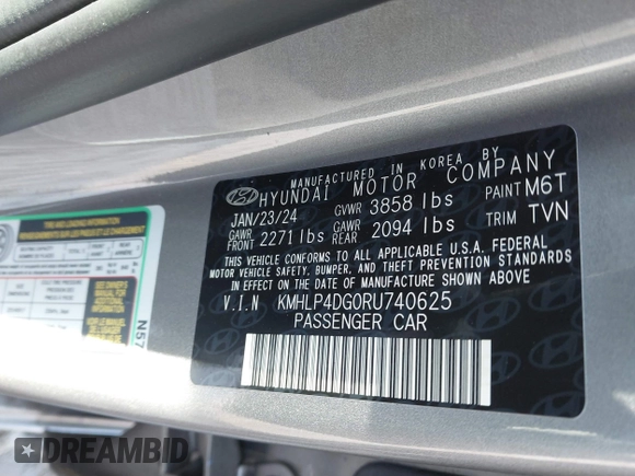 2024 Hyundai Elantra Limited with VIN KMHLP4DG0RU740625, listed as a IAAI auction lot 41684673 with 22,490 mi miles and . Bid and sale history available at DreamBid. Image 9.