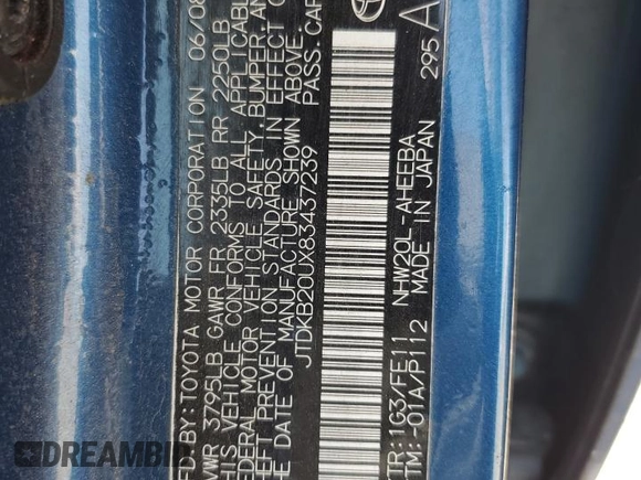 2008 Toyota Prius с VIN JTDKB20UX83437239, выставлен на аукционе Copart как лот 57358185 с пробегом 173 678 миль миль и Списание • Salvage title. История ставок и продаж доступна на DreamBid. Изображение 13.