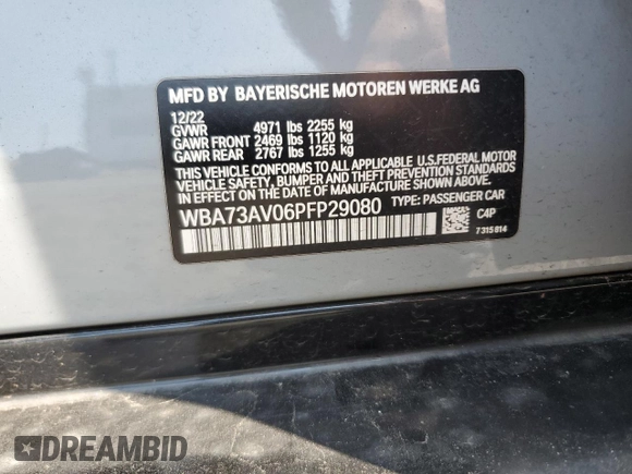 2023 BMW 4 Series 430i xDrive with VIN WBA73AV06PFP29080, listed as a Copart auction lot 60283705 with 47,104 mi miles and Salvage title. Bid and sale history available at DreamBid. Image 13.