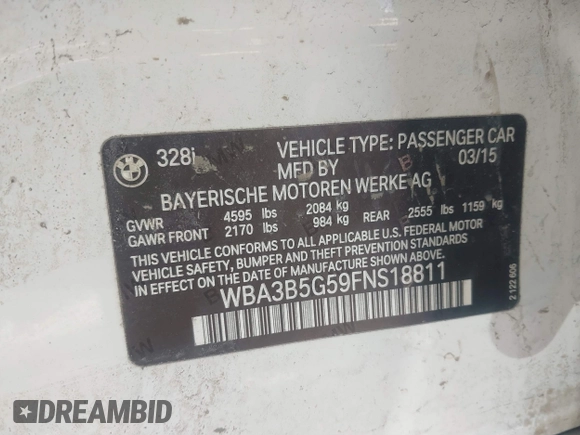 2015 BMW 3 Series 328i xDrive with VIN WBA3B5G59FNS18811, listed as a IAAI auction lot 41867015 with 147,748 mi miles. Bid and sale history available at carsss.com. Image 9.