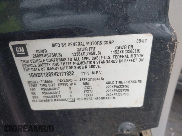 2004 Chevrolet TrailBlazer LS with VIN 1GNDT13S242171832, listed as a IAAI auction lot 42107560 with 1 mi miles. Bid and sale history available at carsss.com. Image 9.