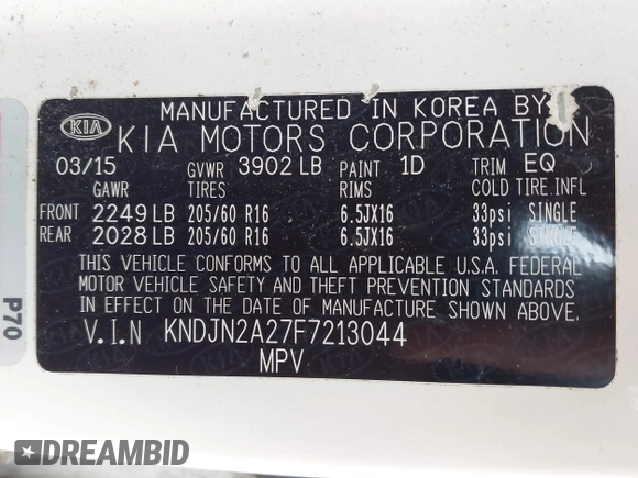 2015 Kia Soul z VIN KNDJN2A27F7213044, wystawiony jako IAAI lot #42230444 z przebiegiem 43 408 mil mil oraz . Historia ofert i sprzedaży dostępna na DreamBid. Obrazek 9.