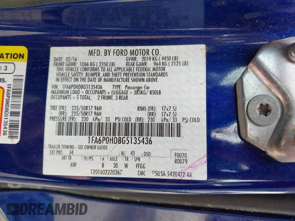 2016 Ford Fusion SE with VIN 1FA6P0HD8G5135436, listed as a IAAI auction lot 42644926 with 200,070 mi miles and . Bid and sale history available at DreamBid. Image 9.