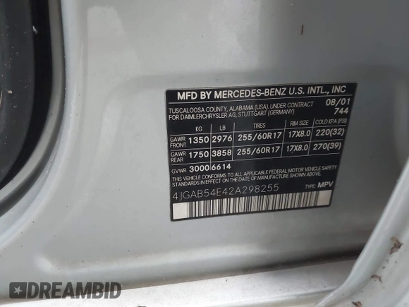 2002 Mercedes-Benz M 320/430/500 z VIN 4JGAB54E42A298255, wystawiony jako IAAI lot #42502789 z przebiegiem 134 879 mil mil oraz . Historia ofert i sprzedaży dostępna na DreamBid. Obrazek 9.