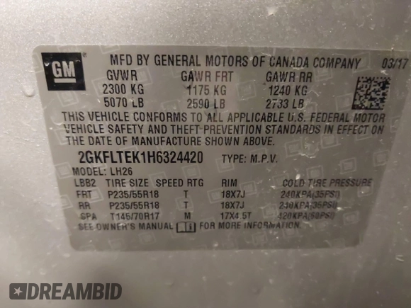 2017 GMC Terrain SLE with VIN 2GKFLTEK1H6324420, listed as a IAAI auction lot 41586369 with 78,170 mi miles. Bid and sale history available at carsss.com. Image 9.