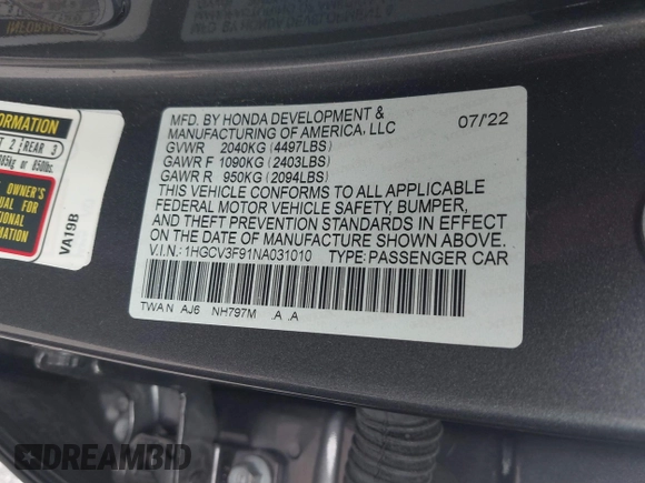 2022 Honda Accord Touring with VIN 1HGCV3F91NA031010, listed as a IAAI auction lot 40302407 with 18,820 mi miles and . Bid and sale history available at DreamBid. Image 9.
