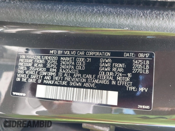 2018 Volvo XC60 Inscription with VIN YV4A22RL1J1010293, listed as a IAAI auction lot 42579713 with 111,081 mi miles and . Bid and sale history available at DreamBid. Image 9.