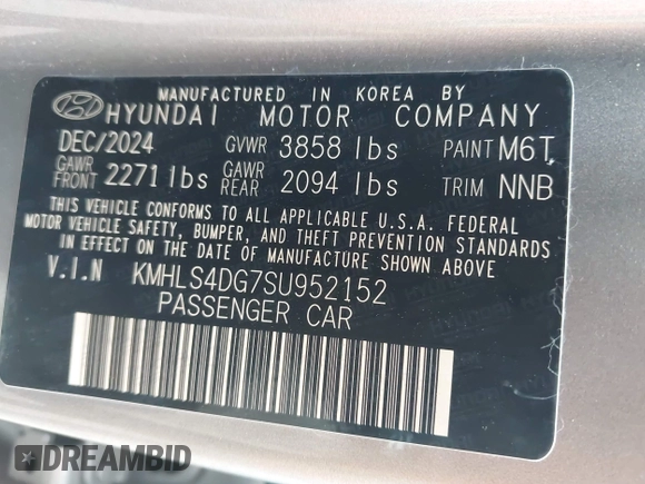 2025 Hyundai Elantra SEL Convenience with VIN KMHLS4DG7SU952152, listed as a IAAI auction lot 42188302 with 4,620 mi miles and . Bid and sale history available at DreamBid. Image 9.