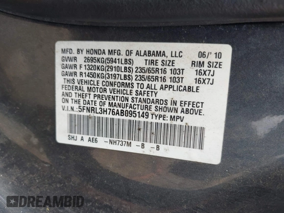 2010 Honda Odyssey EX-L с VIN 5FNRL3H76AB095149, выставлен на аукционе IAAI как лот 42419704 с пробегом 223 951 миль миль и . История ставок и продаж доступна на DreamBid. Изображение 9.