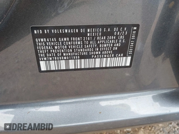 2024 Volkswagen Jetta SE z VIN 3VW7M7BU9RM011999, wystawiony jako IAAI lot #42697218 z przebiegiem 47 078 mil mil oraz . Historia ofert i sprzedaży dostępna na DreamBid. Obrazek 9.