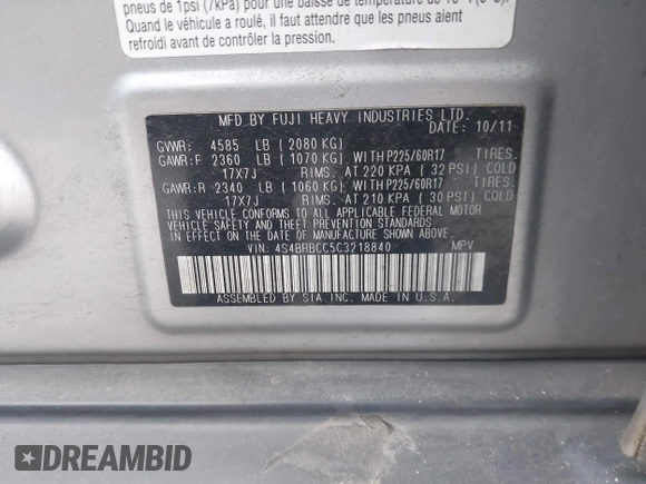 2012 Subaru Outback Prem с VIN 4S4BRBCC5C3218840, выставлен на аукционе IAAI как лот 42063125 с пробегом 145 742 миль миль и . История ставок и продаж доступна на DreamBid. Изображение 9.