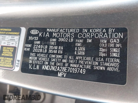 2014 Kia Soul with VIN KNDJN2A28E7019749, listed as a IAAI auction lot 41562826 with 65,610 mi miles. Bid and sale history available at carsss.com. Image 9.