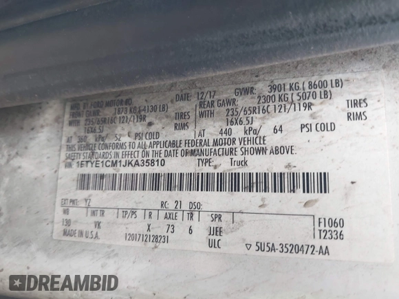 2018 Ford Transit with VIN 1FTYE1CM1JKA35810, listed as a IAAI auction lot 42178750 with 254,654 mi miles and . Bid and sale history available at DreamBid. Image 9.