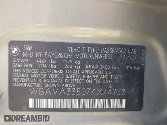 2007 BMW 3 Series 328i with VIN WBAVA33507KX74238, listed as a Copart auction lot 55160195 with Not provided miles and Salvage title. Bid and sale history available at DreamBid. Image 12.