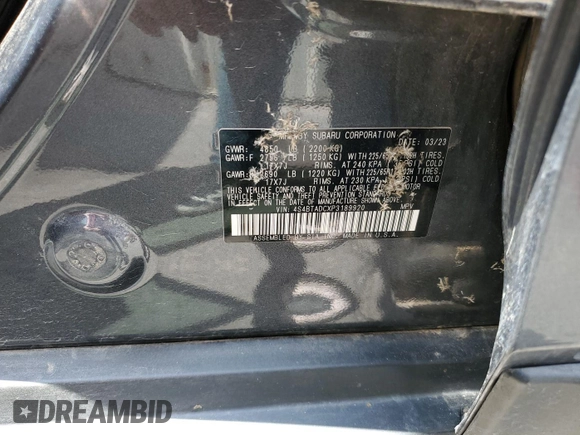2023 Subaru Outback Premium z VIN 4S4BTADCXP3189920, wystawiony jako IAAI lot #42585199 z przebiegiem 69 063 mil mil oraz . Historia ofert i sprzedaży dostępna na DreamBid. Obrazek 2.