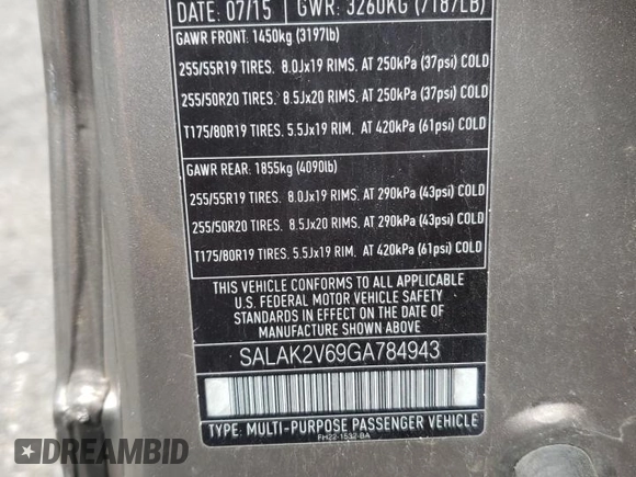 2016 Land Rover LR4 HSE Lux z VIN SALAK2V69GA784943, wystawiony jako Copart lot #61089295 z przebiegiem 125 885 mil mil oraz Szkoda całkowita • Salvage title. Historia ofert i sprzedaży dostępna na DreamBid. Obrazek 13.