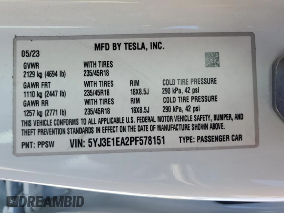 2023 Tesla Model 3 z VIN 5YJ3E1EA2PF578151, wystawiony jako Copart lot #56211295 z przebiegiem 19 590 mil mil oraz Szkoda całkowita • Salvage title. Historia ofert i sprzedaży dostępna na DreamBid. Obrazek 13.