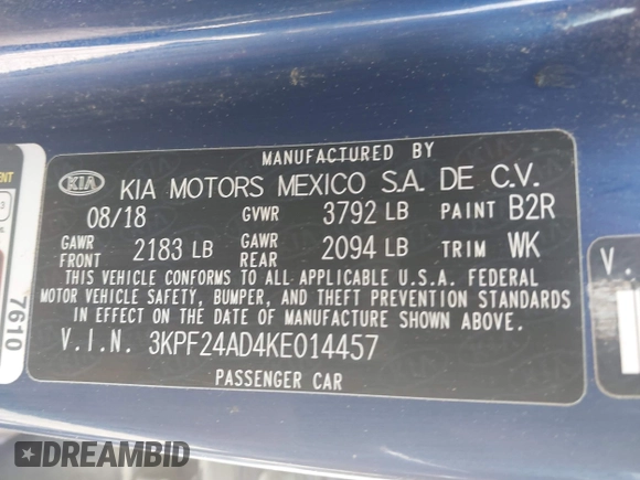 2019 Kia Forte LXS with VIN 3KPF24AD4KE014457, listed as a IAAI auction lot 42528974 with 81,788 mi miles and . Bid and sale history available at DreamBid. Image 9.