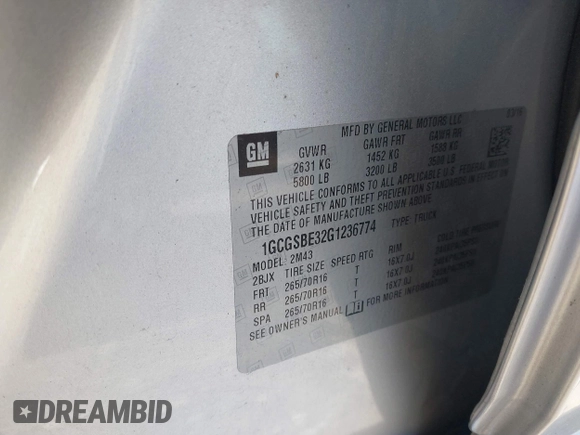 2016 Chevrolet Colorado 2WD WT with VIN 1GCGSBE32G1236774, listed as a IAAI auction lot 41531290 with 74,603 mi miles and . Bid and sale history available at DreamBid. Image 9.