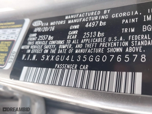 2016 Kia Optima EX with VIN 5XXGU4L35GG076578, listed as a IAAI auction lot 41770838 with 75,918 mi miles. Bid and sale history available at carsss.com. Image 9.