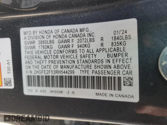 2024 Honda Civic Sport with VIN 2HGFE2F53RH544299, listed as a Copart auction lot 43572105 with 78,806 mi miles and Salvage Title. Bid and sale history available at DreamBid. Image 13.