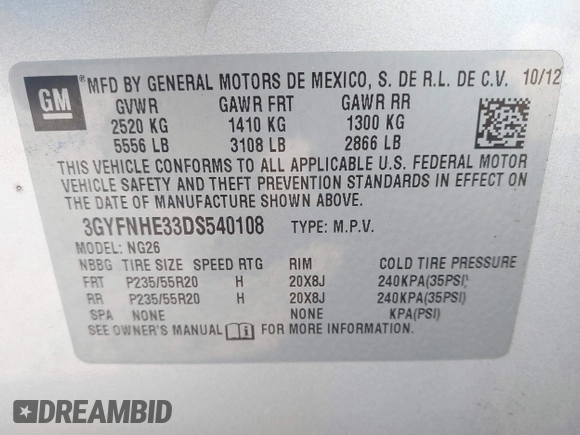 2013 Cadillac SRX Performance Collection z VIN 3GYFNHE33DS540108, wystawiony jako IAAI lot #42061957 z przebiegiem 182 797 mil mil oraz . Historia ofert i sprzedaży dostępna na DreamBid. Obrazek 9.