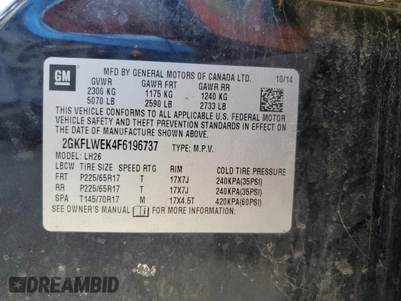 2015 GMC Terrain SLE with VIN 2GKFLWEK4F6196737, listed as a Copart auction lot 48877235 with 96,302 mi miles and Clean Title. Bid and sale history available at DreamBid. Image 13.