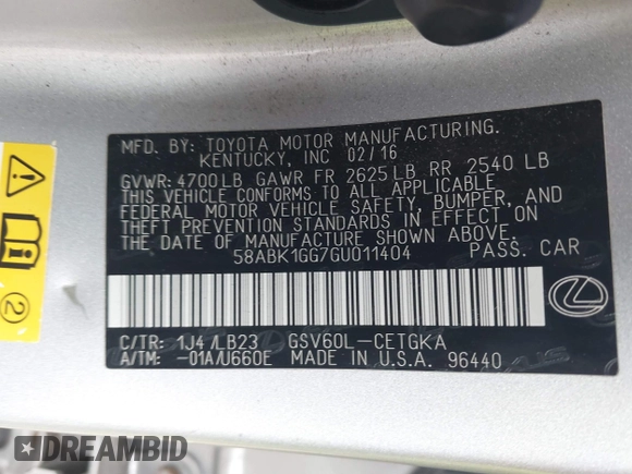 2016 Lexus ES 330 with VIN 58ABK1GG7GU011404, listed as a IAAI auction lot 41716135 with 93,313 mi miles and . Bid and sale history available at DreamBid. Image 9.