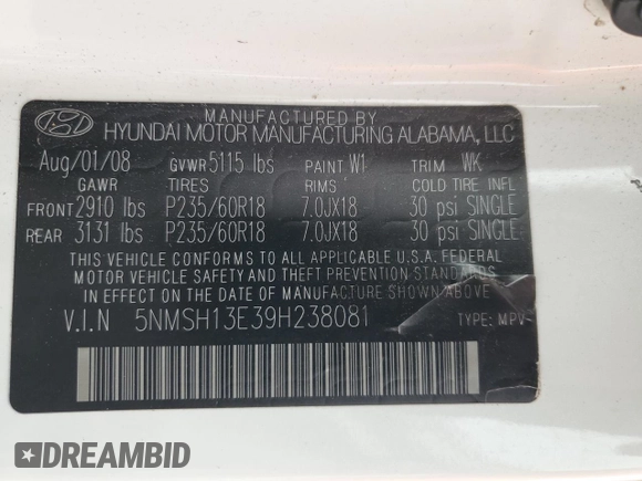 2009 Hyundai Santa Fe Limited with VIN 5NMSH13E39H238081, listed as a Copart auction lot 60935495 with 205,149 mi miles and Clean title. Bid and sale history available at DreamBid. Image 12.