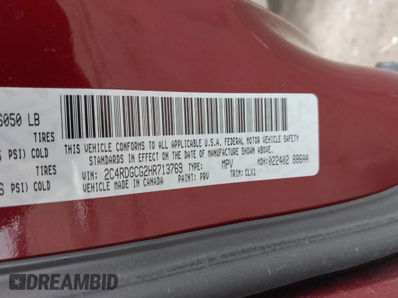 2017 Dodge Grand Caravan SXT with VIN 2C4RDGCG2HR713769, listed as a IAAI auction lot 42074875 with 184,241 mi miles and . Bid and sale history available at DreamBid. Image 9.