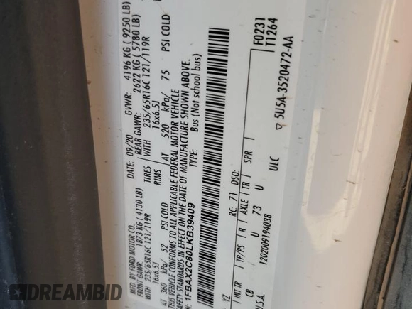 2020 Ford Transit Passenger XL z VIN 1FBAX2C80LKB39409, wystawiony jako Copart lot #42410745 z przebiegiem 27 913 mil mil oraz Szkoda całkowita • Salvage title. Historia ofert i sprzedaży dostępna na DreamBid. Obrazek 13.