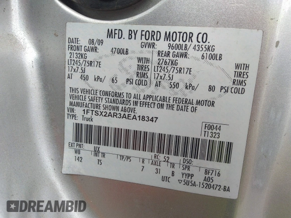 2010 Ford F-250 with VIN 1FTSX2AR3AEA18347, listed as a IAAI auction lot 41521128 with 58,624 mi miles and . Bid and sale history available at DreamBid. Image 9.