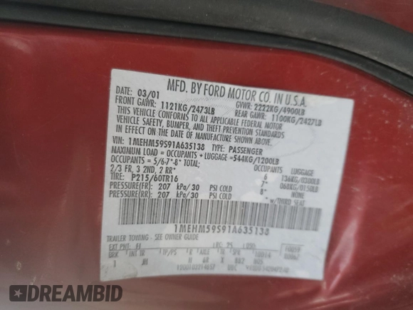 2001 Mercury Sable LS Premium with VIN 1MEHM59S91A635138, listed as a Copart auction lot 84674814 with 170,559 mi miles and Salvage Title. Bid and sale history available at DreamBid. Image 12.
