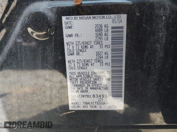 2014 Nissan Rogue SV with VIN 5N1AT2MT9EC834930, listed as a IAAI auction lot 42018226 with 112,952 mi miles and . Bid and sale history available at carsss.com. Image 9.