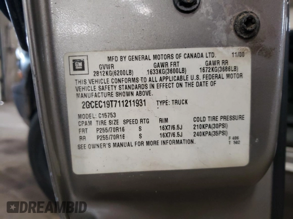 2001 Chevrolet Silverado 1500 LS with VIN 2GCEC19T711211931, listed as a Copart auction lot 54614195 with 135,812 mi miles and Salvage Title. Bid and sale history available at DreamBid. Image 12.
