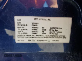 2022 Tesla Model Y Long Range z VIN 7SAYGDEEXNF444122, wystawiony jako Copart lot #54344735 z przebiegiem 33 230 mil mil oraz Szkody całkowita. Historia ofert i sprzedaży dostępna na DreamBid. Obrazek 12.