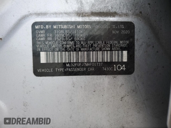2021 Mitsubishi Mirage ES with VIN ML32FUFJ7MHF01737, listed as a Copart auction lot 82225724 with 71,327 mi miles and Salvage title. Bid and sale history available at DreamBid. Image 14.