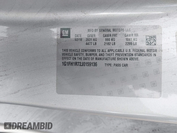 2018 Chevrolet Camaro 2SS with VIN 1G1FH1R72J0159136, listed as a IAAI auction lot 41540051 with Not provided miles and . Bid and sale history available at DreamBid. Image 9.