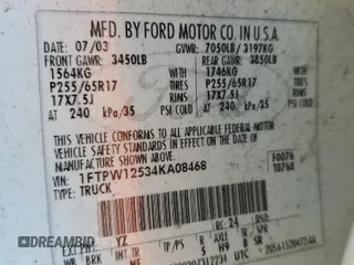 2004 Ford F-150 XLT z VIN 1FTPW12534KA08468, wystawiony jako Copart lot #63341274 z przebiegiem 255 423 mil mil oraz Szkoda całkowita • Salvage title. Historia ofert i sprzedaży dostępna na DreamBid. Obrazek 12.
