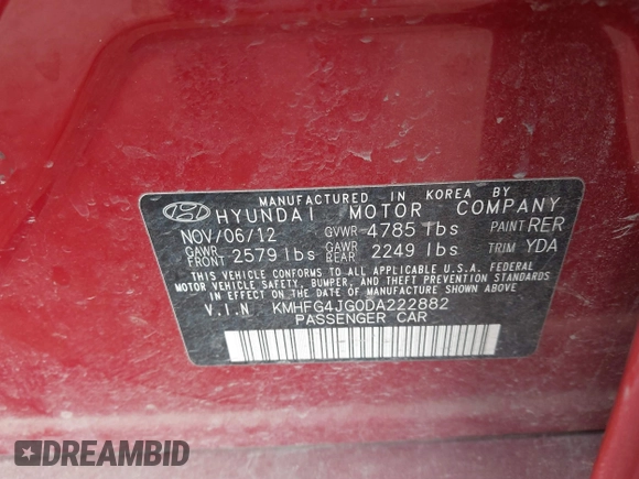 2013 Hyundai Azera with VIN KMHFG4JG0DA222882, listed as a IAAI auction lot 41869825 with 170,566 mi miles and . Bid and sale history available at DreamBid. Image 9.