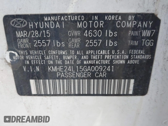2016 Hyundai Sonata Hybrid SE with VIN KMHE24L15GA009241, listed as a IAAI auction lot 42083395 with 127,068 mi miles. Bid and sale history available at carsss.com. Image 9.