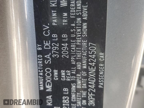 2022 Kia Forte LXS with VIN 3KPF24ADXNE424507, listed as a Copart auction lot 52427235 with 57,205 mi miles and Salvage Title. Bid and sale history available at DreamBid. Image 12.