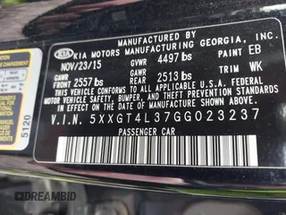 2016 Kia Optima LX with VIN 5XXGT4L37GG023237, listed as a IAAI auction lot 41893870 with 63,310 mi miles. Bid and sale history available at carsss.com. Image 9.