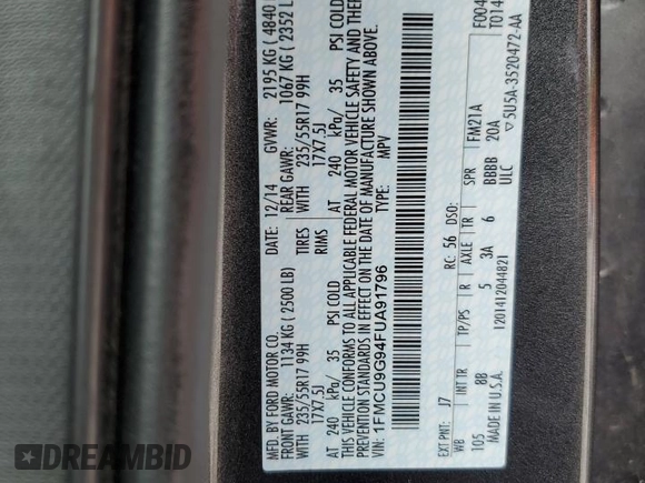 2015 Ford Escape SE with VIN 1FMCU9G94FUA91796, listed as a Copart auction lot 53605895 with 165,353 mi miles and Salvage Title. Bid and sale history available at DreamBid. Image 13.