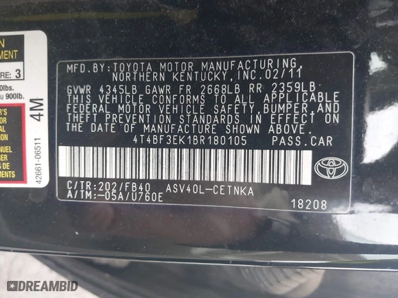 2011 Toyota Camry LE with VIN 4T4BF3EK1BR180105, listed as a IAAI auction lot 41802630 with 154,349 mi miles. Bid and sale history available at carsss.com. Image 9.