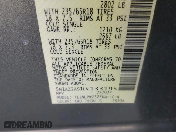 2020 Nissan Murano S with VIN 5N1AZ2AS1LN133195, listed as a Copart auction lot 82898364 with 66,585 mi miles and Salvage Title. Bid and sale history available at DreamBid. Image 14.